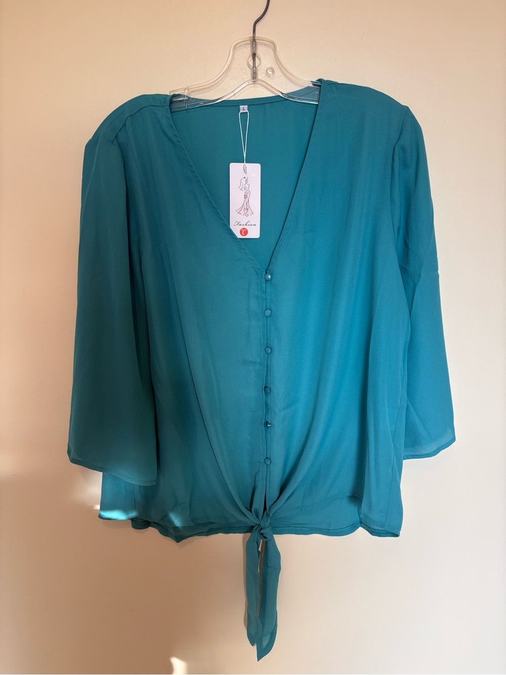New with Tags V-Neck Teal Button-Front Tie Hem Blouse - Women Size L